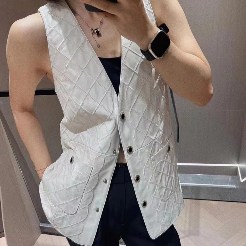 Minimalist Leather Suit Vest For Women Ladies Genuine Sheepskin Diamon Plaid White Sleeveless Jacket V-neck Chaleco Mujer Outfit