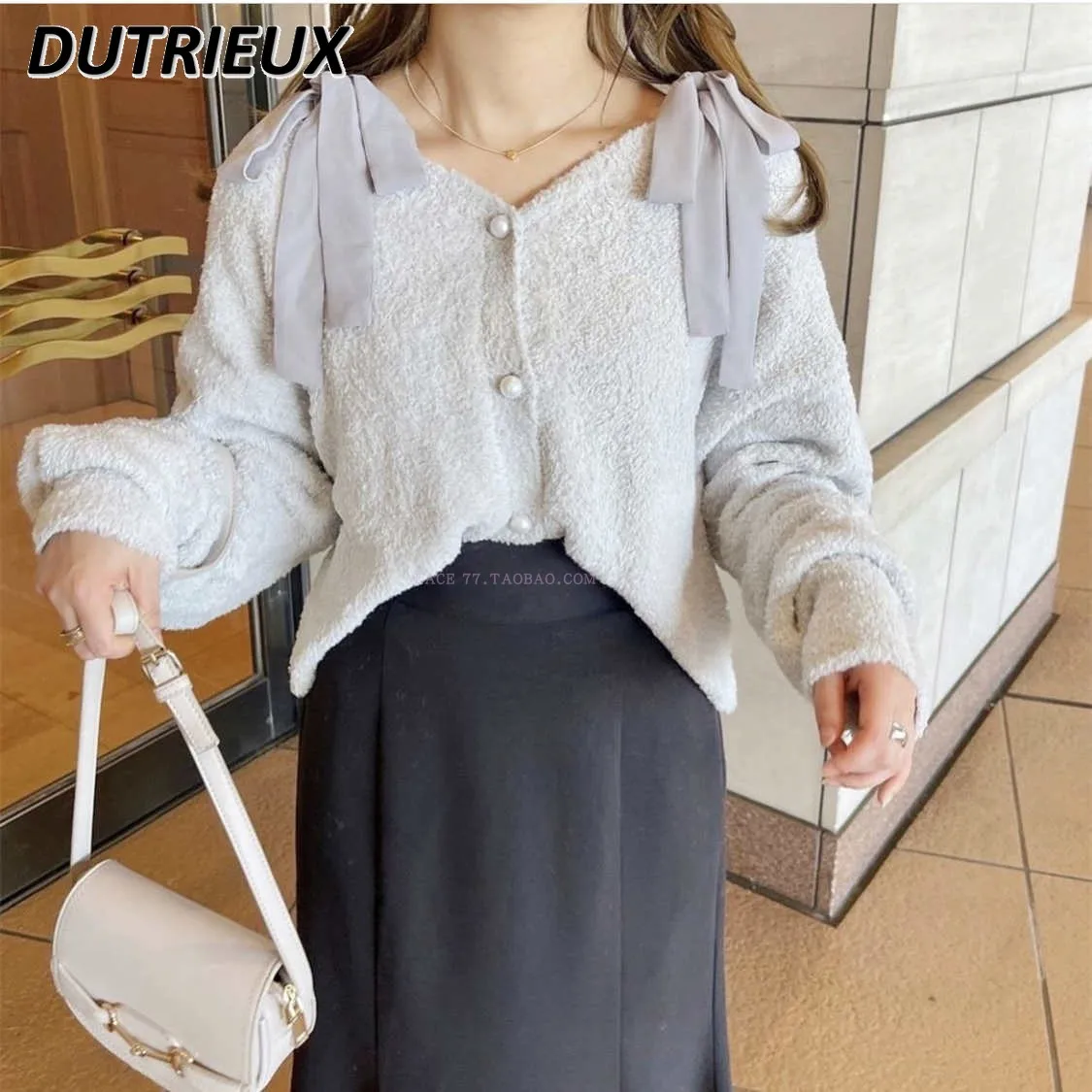 Spring and Autumn New Chiffon Ribbon Bow Sweater Cardigan Sweet Girl Long Sleeve V-neck Single Breasted Short Knitted Coat