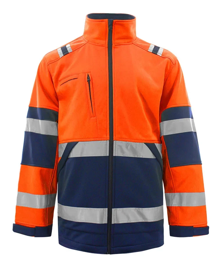 Hi Vis Jacket High Visibility Reflective Fleece Jacket Winter Stripe Patchwork Hoodies Two Tone Stand Collar Safety Work Clothes