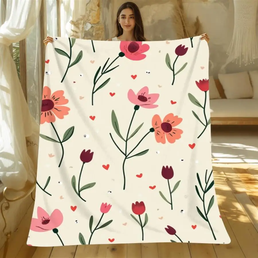 Newest Boho Sun Moon Daisy Butterfly Floral Flannel Throw Blanket, Soft Vintage Nature Blanket for Sofa Bedroom Home Decor