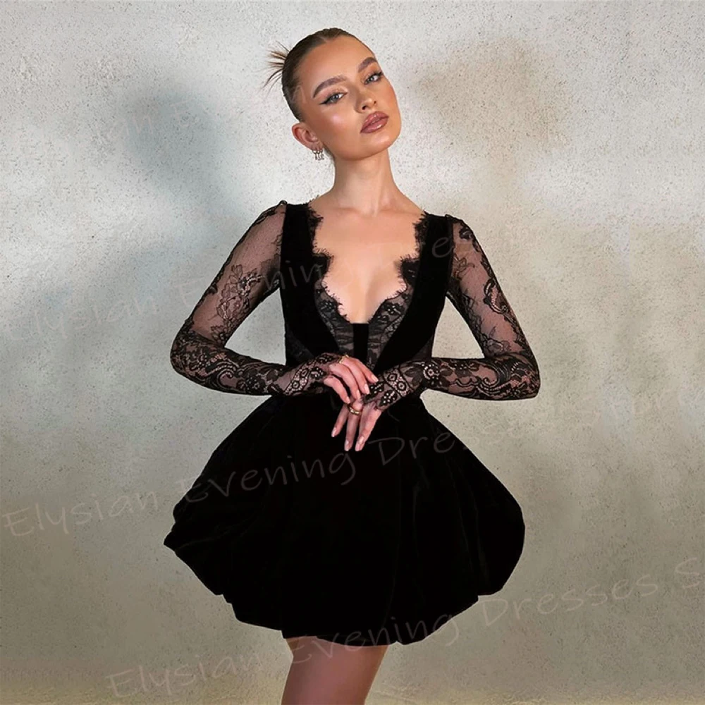 

Classic Black Short Women's A Line Evening Dresses Fascinating V Neck Prom Gowns Long Sleeve Lace Formal Party Vestido De Noche