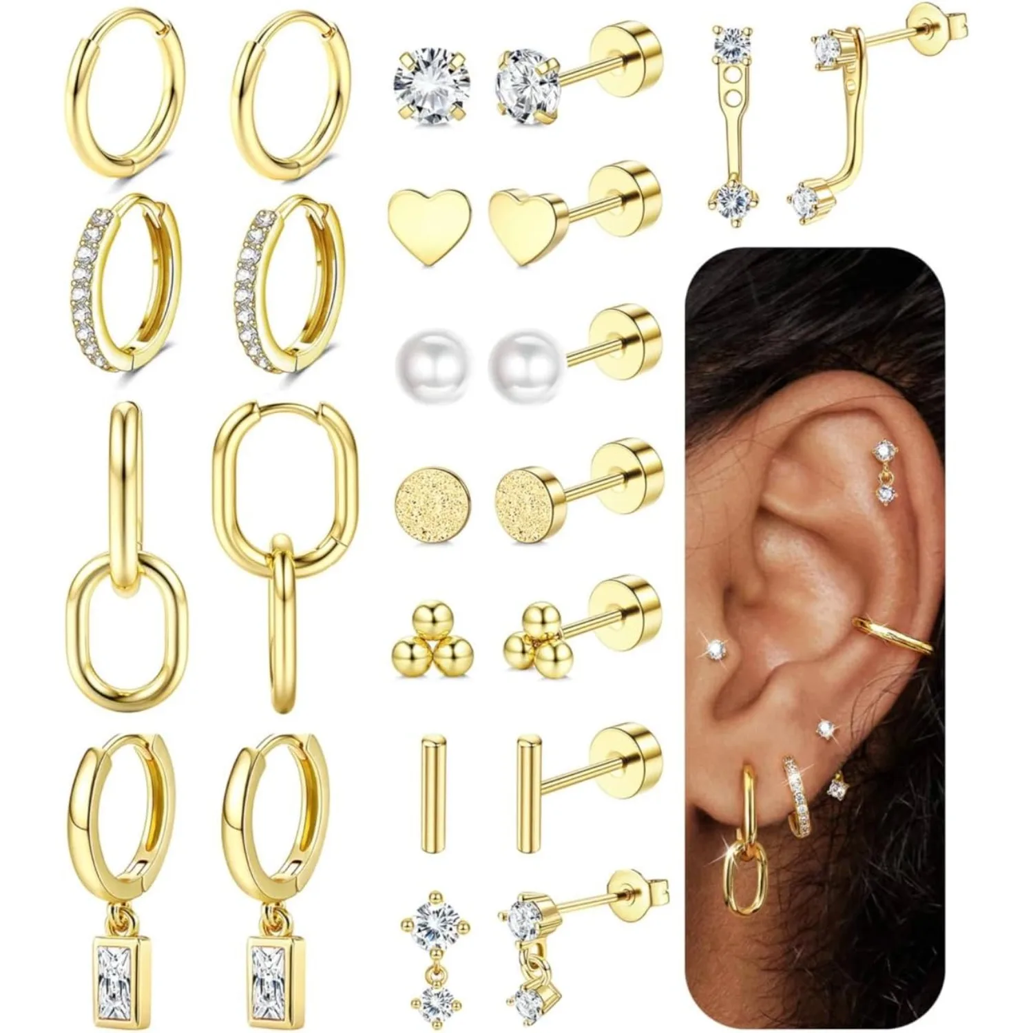 

Florideco 12 Pairs Flat Back Earrings for Women Men-Stainless Steel Cartilage Earring Stacks Set Daith Helix Piercing Jewelry