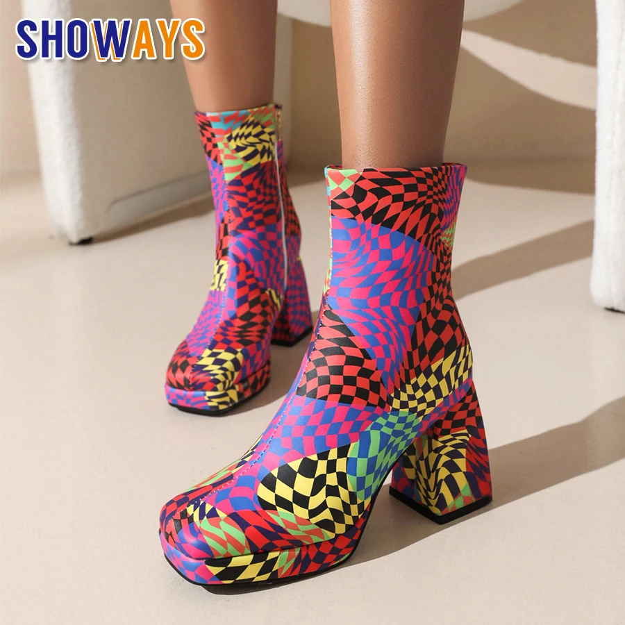

Winter Women Platform Ankle Boots Square Toe High Chunky Heels Black Blue Checkerboard Print Lady Zipper Warm Plush Short Boots