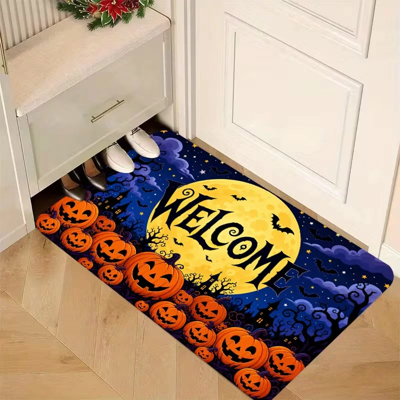 Hello Pumpkin Halloween Doormat Retro Tombstone Bat Crow Print Entrance Mat Holiday Home Carpet for Front Door Porch