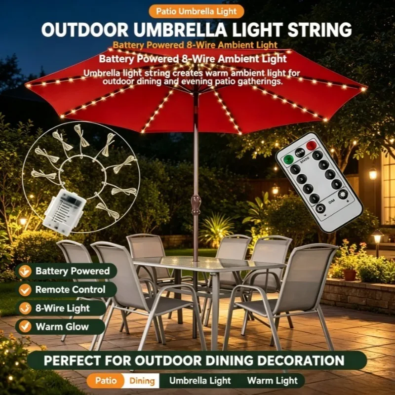 Sunshade Umbrella Light Outdoor Battery Box String Lights with Remote Control 8 Wire Ambient Flashing for Yard Patio Party Light