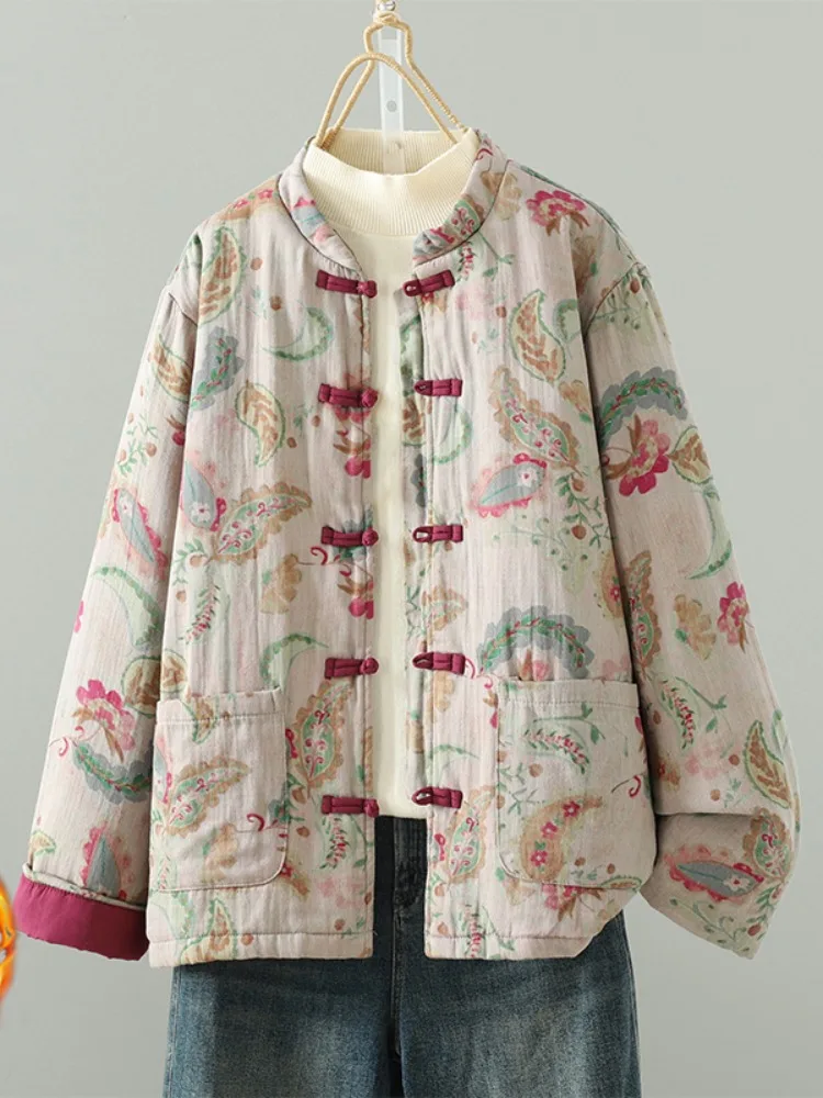 

Хлопковое пальто в стиле ретро с принтом, женское зимнее пальто на пуговицах, свободный крой, длинный воротник-стойка, цветочный узор