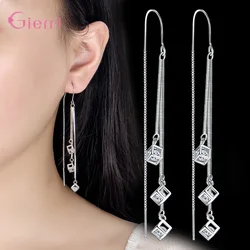 925 Sterling Silver Jewelry New Fashion Hot Sale Square Cube Cubic Zircon Stone Tassel Pendientes Earrings for Women Girls