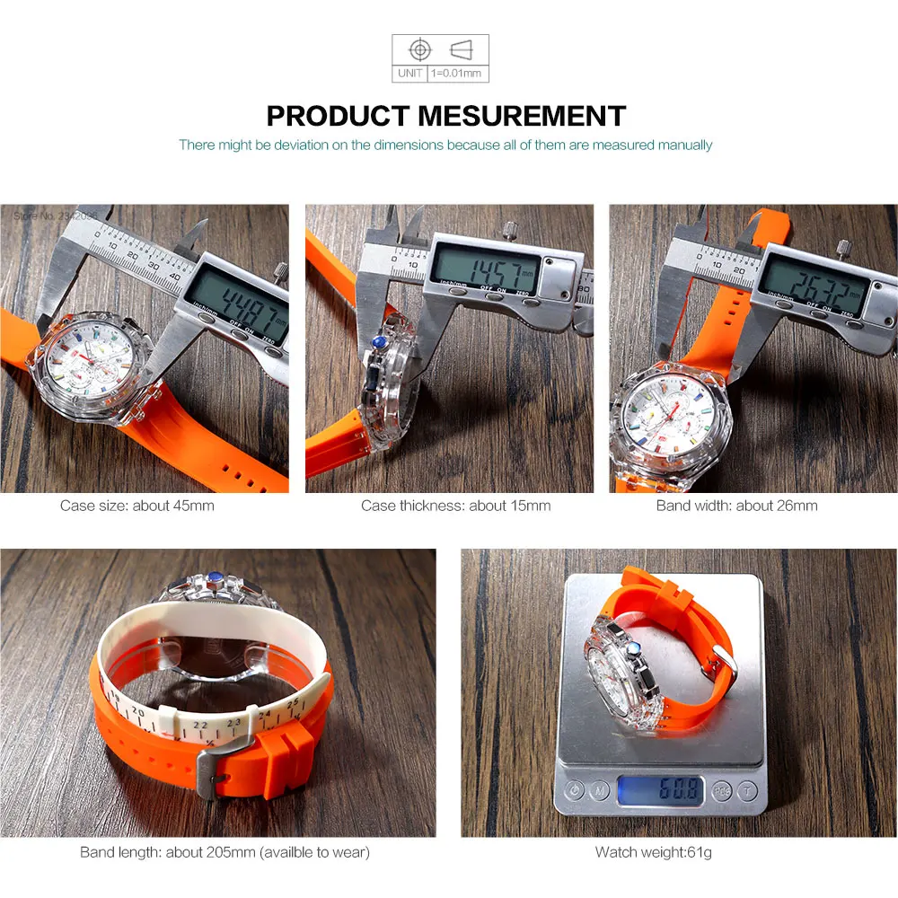 MINI FOCUS Men's Sports Quartz Watches with Orange Silicone Strap Chronograph Fashion Waterproof Luminous Wristwatch with Calend - view 6