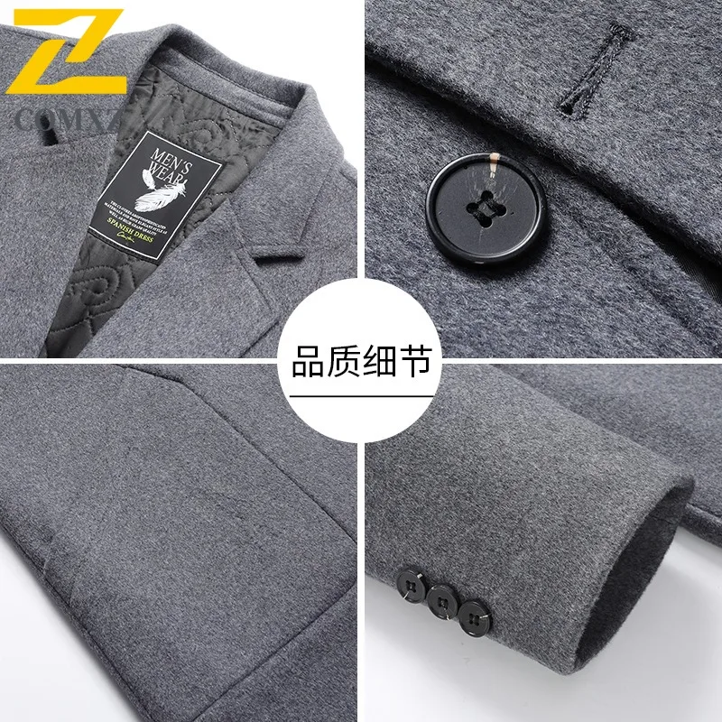 COMXZ Mens Business Wool Trench Coat Autumn Winter Cotton Warm Long Cashmere Wool waterproof windproof lightweight windbreaker