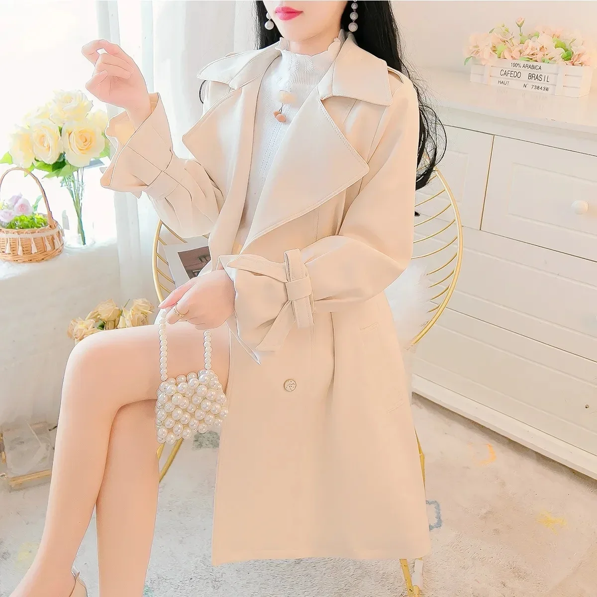 여성용 트렌치 코트 미니어처 블랙 그레이 여성 상의 겨울 코트 의류 여성용 우아한 가을 2025 사이즈