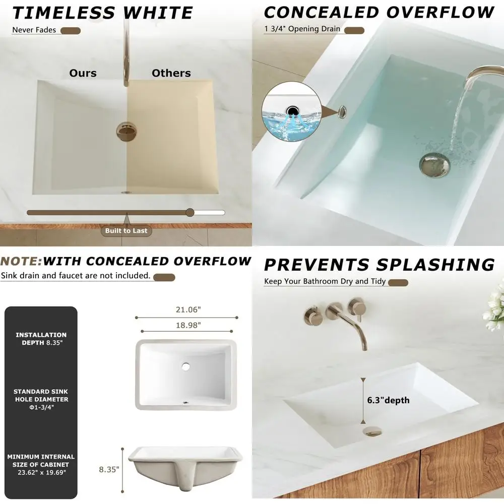 

White Ceramic Undermount Sink, 21 x 15 Deep Basin with Overflow for Bathroom Vanity
