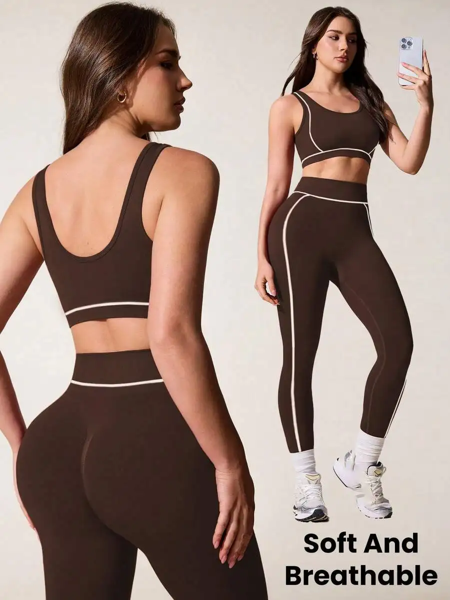 

Brown 2 Piece Workout Set Women Yoga Leggings With White Stripe Breathable Gym Sports Bra And High Waist Leggings