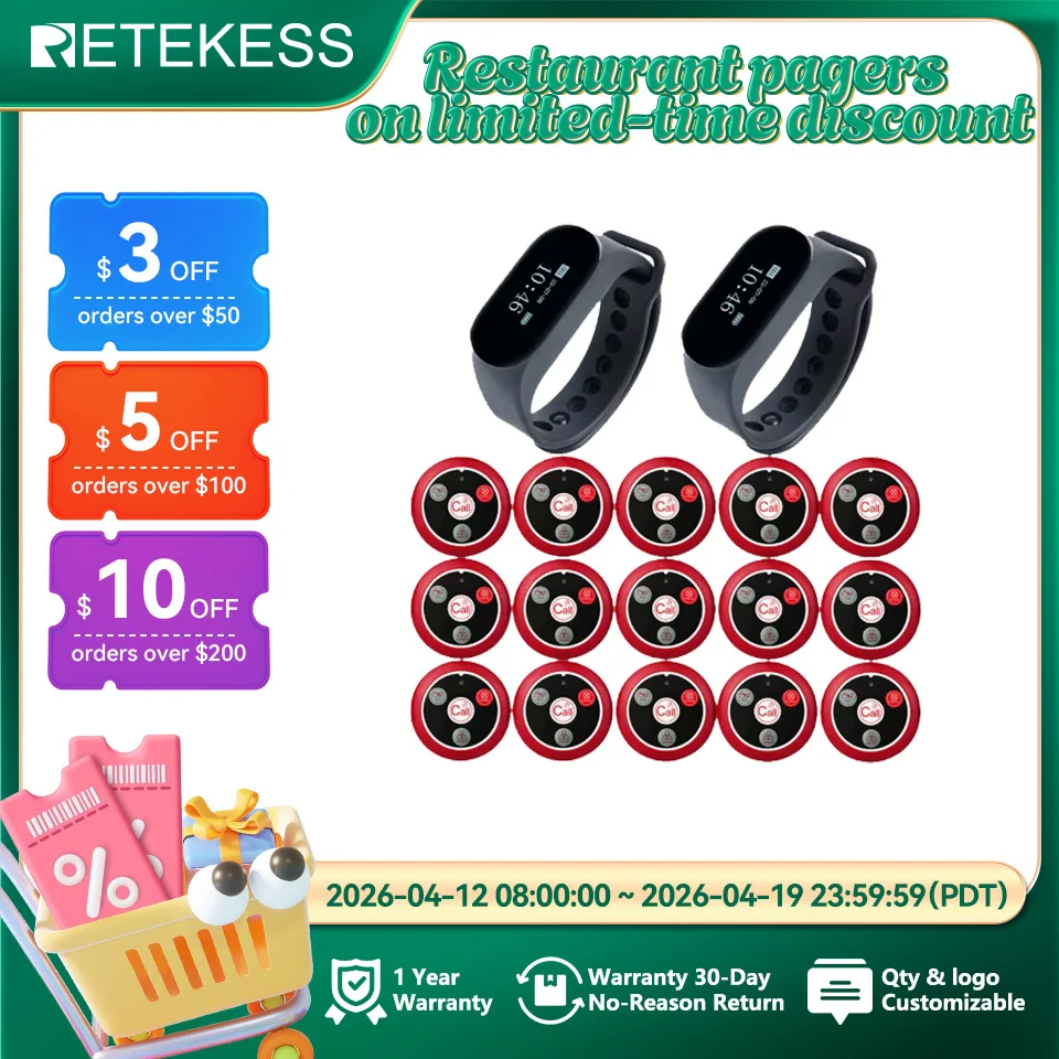 

RETEKESS Restaurant Pager Wireless Waiter Calling System TD112 Waterproof Watch Pager Receiver T117 Call Buttons for Cafe Bar