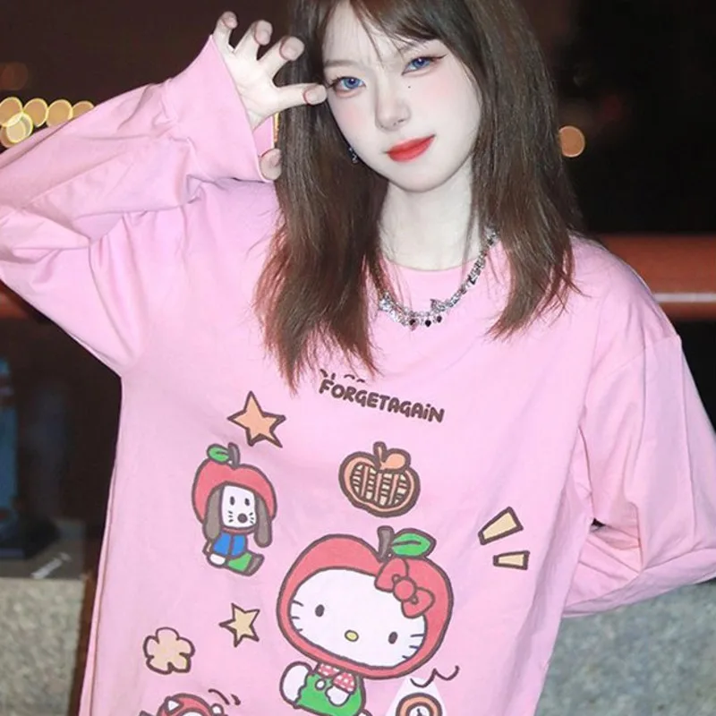 Sanrio Hello Kitty Cute Versatile Printed Top Autumn Winter Campus Student Women's Long Sleeve T-shirt Harajuku Sweet Girl Tees