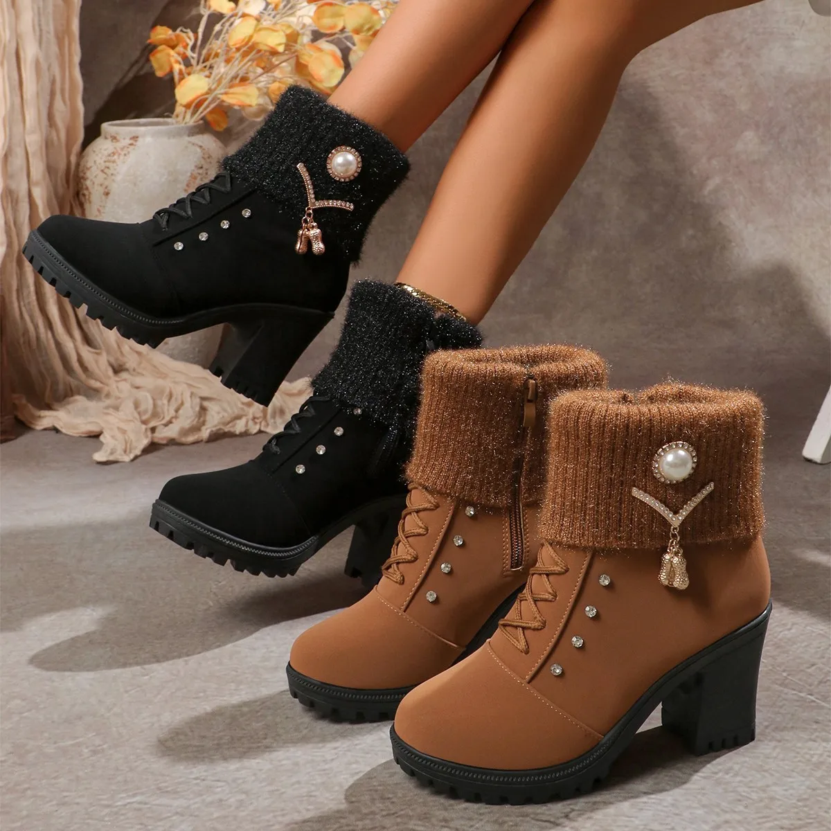 Women Winter keep warm ankle boots Fashion chunky-high-heels Non-slip rhinestone metal decoration zipper Platform Short Boots
