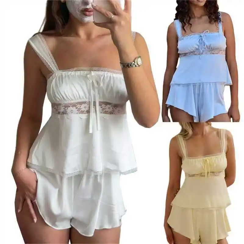 BKLD 2026 New Fashion Satin Lace Splicing Sexy Strap Tops Shorts Sets Two Piece Outfits Solid Color Summer Women Clothing