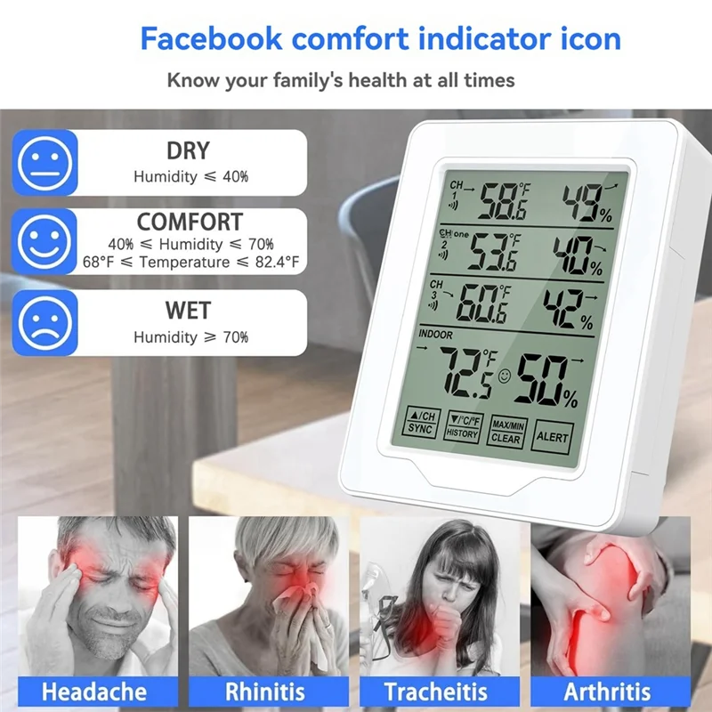 

-ESTR Digital Thermometer And Hygrometer Indoor Humidity With 3 Sensor Screen Display White Backlit Large Screen Recorder