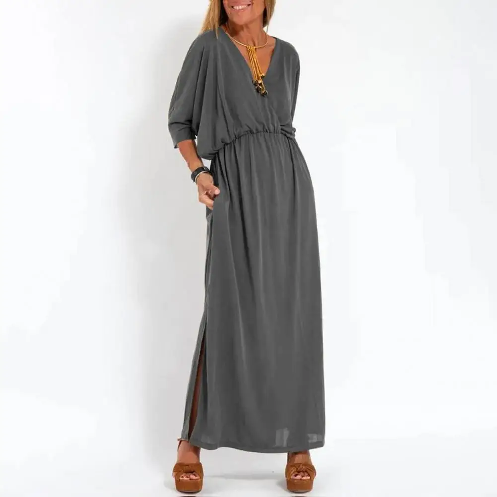 

Stylish Pleated Dress Elegant V-neck Split Dress for Women Loose Fit High Waisted Solid Color Spring Summer Shirt