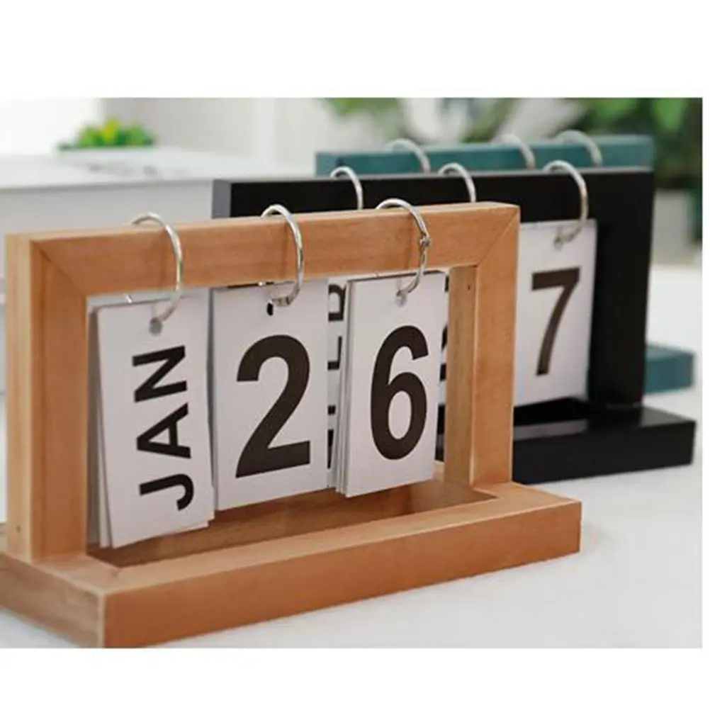 

Wooden Calendar with Page Turner Black Creative Home Office Desk Decor Strong Bracket Long-Lasting Functional Daily Planning Aid