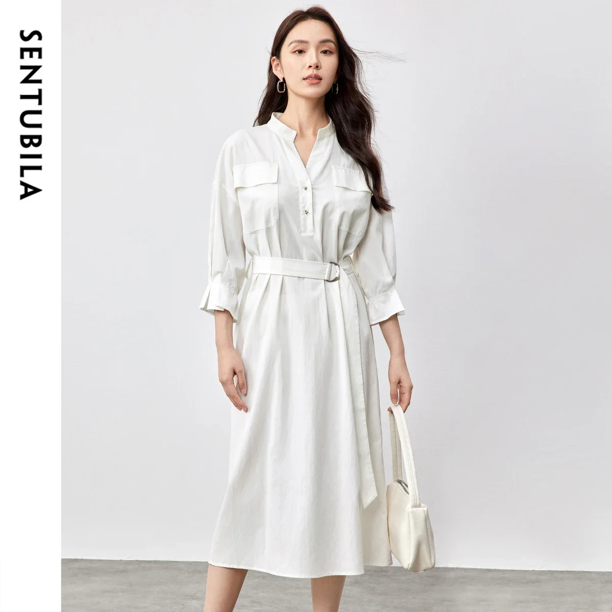 

SENTUBILA Lyocell Cotton Shirt Dress for Women 2025 Spring Fall Stand Neck Flare Three Quarter Sleeve Dresses Ladies 151L58196
