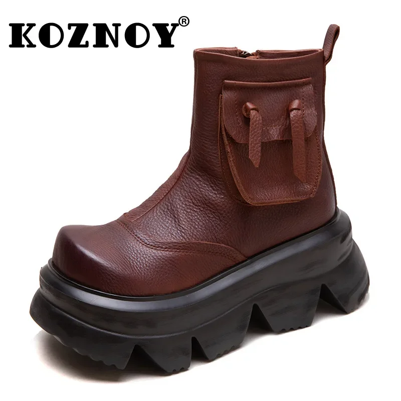 Koznoy 7cm Natural Cow Genuine Leather Chimney Motorcycle Ladies Fashion Ankle Booties Women Moccasins Autumn Boots Spring Shoes