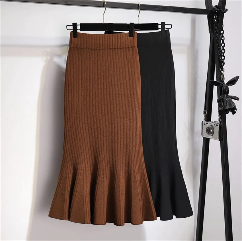 

2023 Women Midi Long Knitted Skirts Autumn Fahion Lady High Waist Pakage Hip Skirt Female Solid Mermaid Skirt Bottomings WZ2284