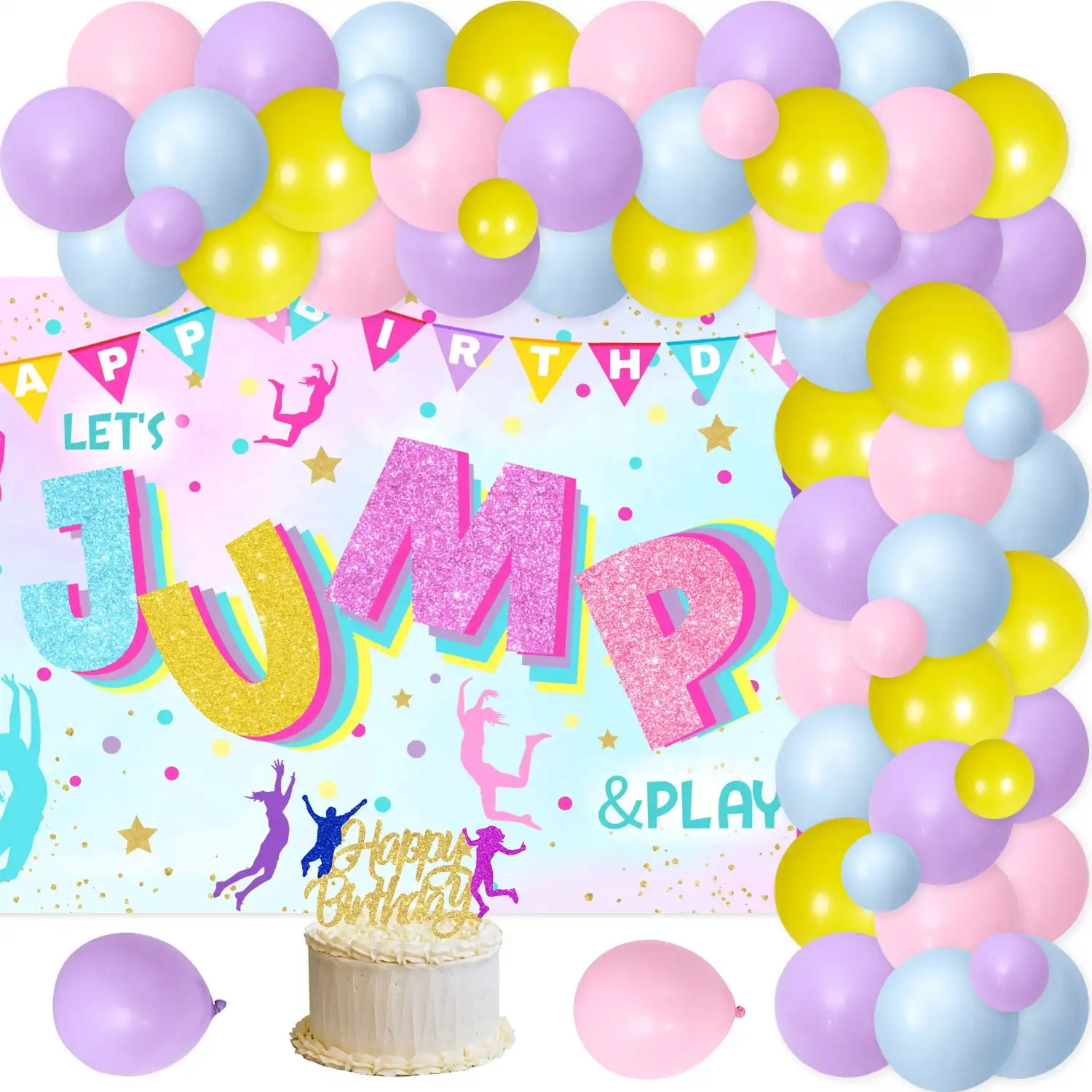 SURPRISE-Jump Theme Party Decoration, Birthday Background, Cake Top, Colorful Balloon, Jump Party Supplies