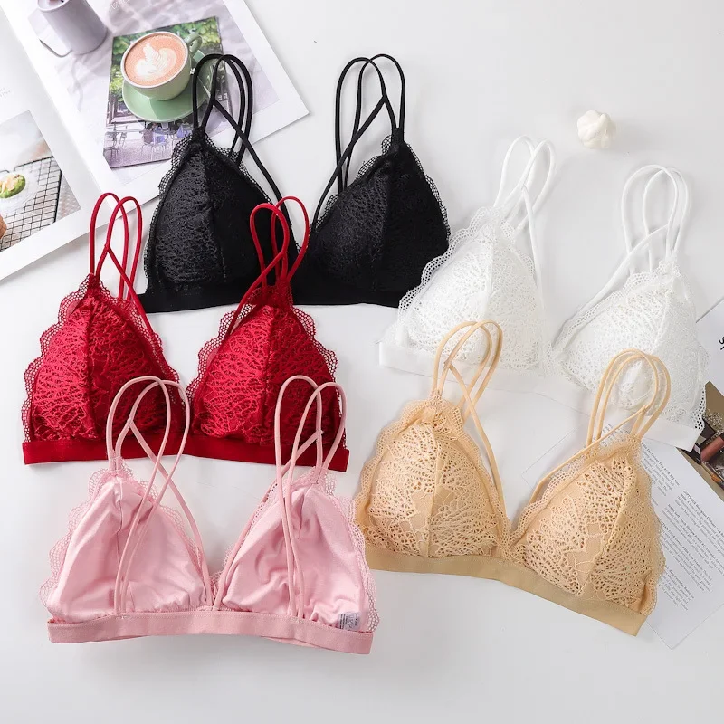 Women Scalloped Lace V Neck Padded Bra Fixed Non Adjustable Double Thin Strap Triangle Hollow Bralette One Size Underwear