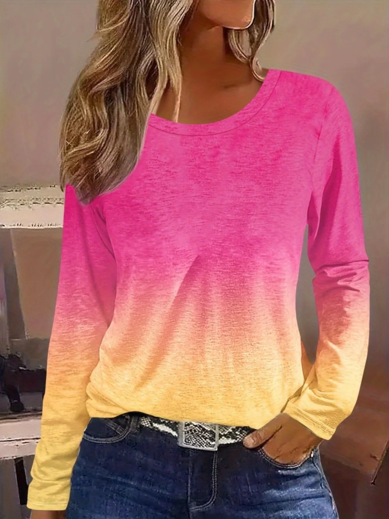 

Женская футболка с 3D-принтом и градиентным принтом, модные топы с длинными рукавами и круглым вырезом, обычные топы для отдыха на выходных, весна и осень