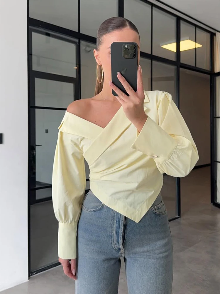 

2026 Spring Fashion Daily Shirts Streetwear Elegant Off-Shoulder Irregular Blouse Women Long Sleeve Solid Casual Slim Short Tops