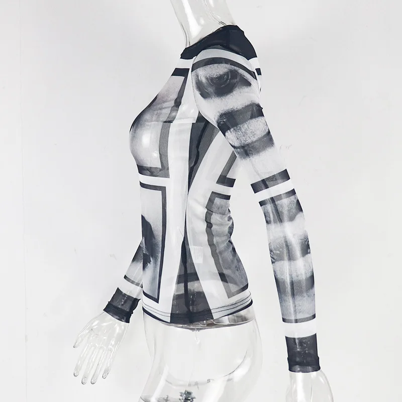 أنيق سيدة العين المطبوعة شبكة تي شيرت 2025 الصيف النساء طويلة الأكمام س الرقبة انظر من خلال مثير نادي حفلة الشارع بلايز تيز