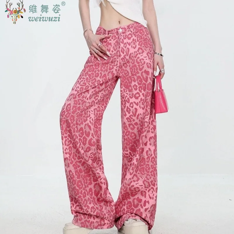 

Cute Pink Leopard Print Jeans Fall Loose High Waist Straight Wide Leg Floor Length Denim Pants Fashion Must-Haves ForYoung Women