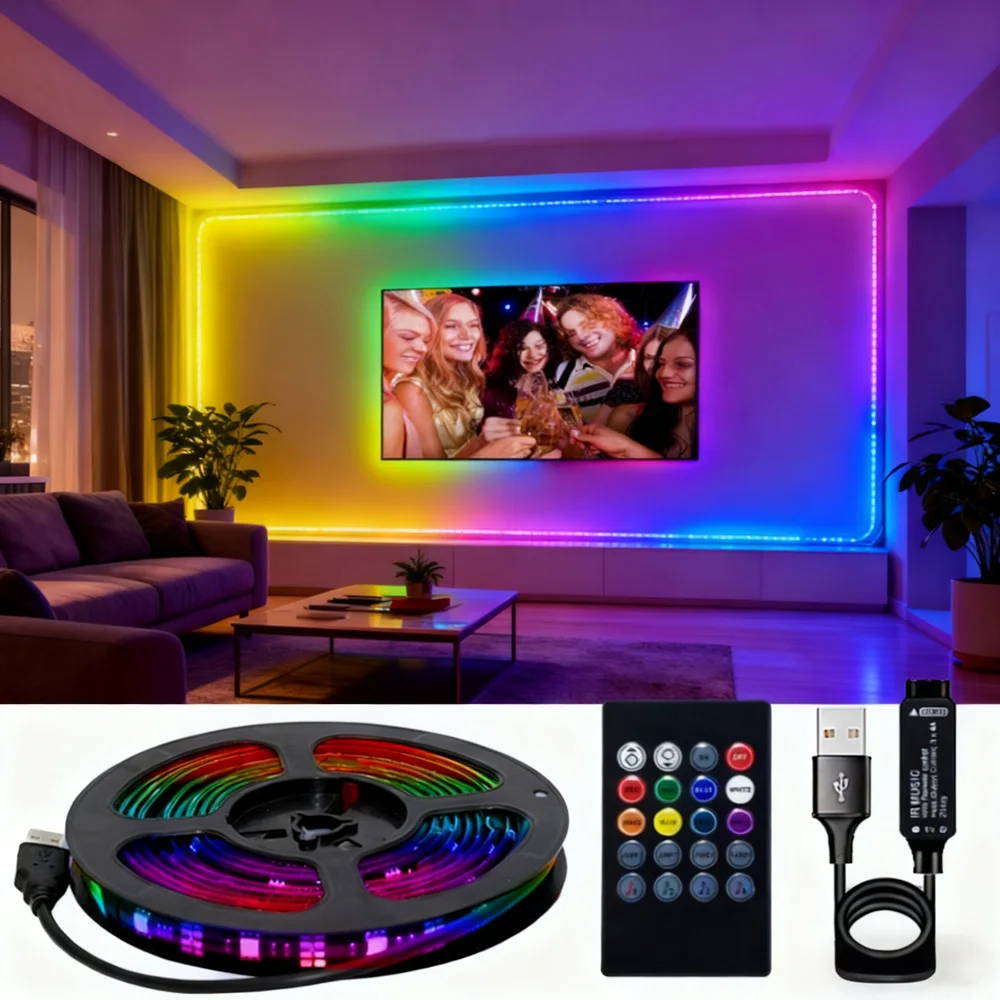 Ultra Bright Colorful LED Strip Lights with Music Sync 5V USB Powered Dynamic RGB Modes for TV Backlight Bedroom Bar Ambiance