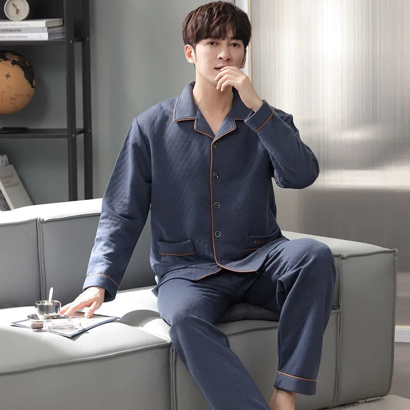 2023 Autumn Winter Men Pajamas Long Sleeves Thickened Laminated Cotton Warm Sleepwear Set Middle-aged Elderly Plus-size Homewear