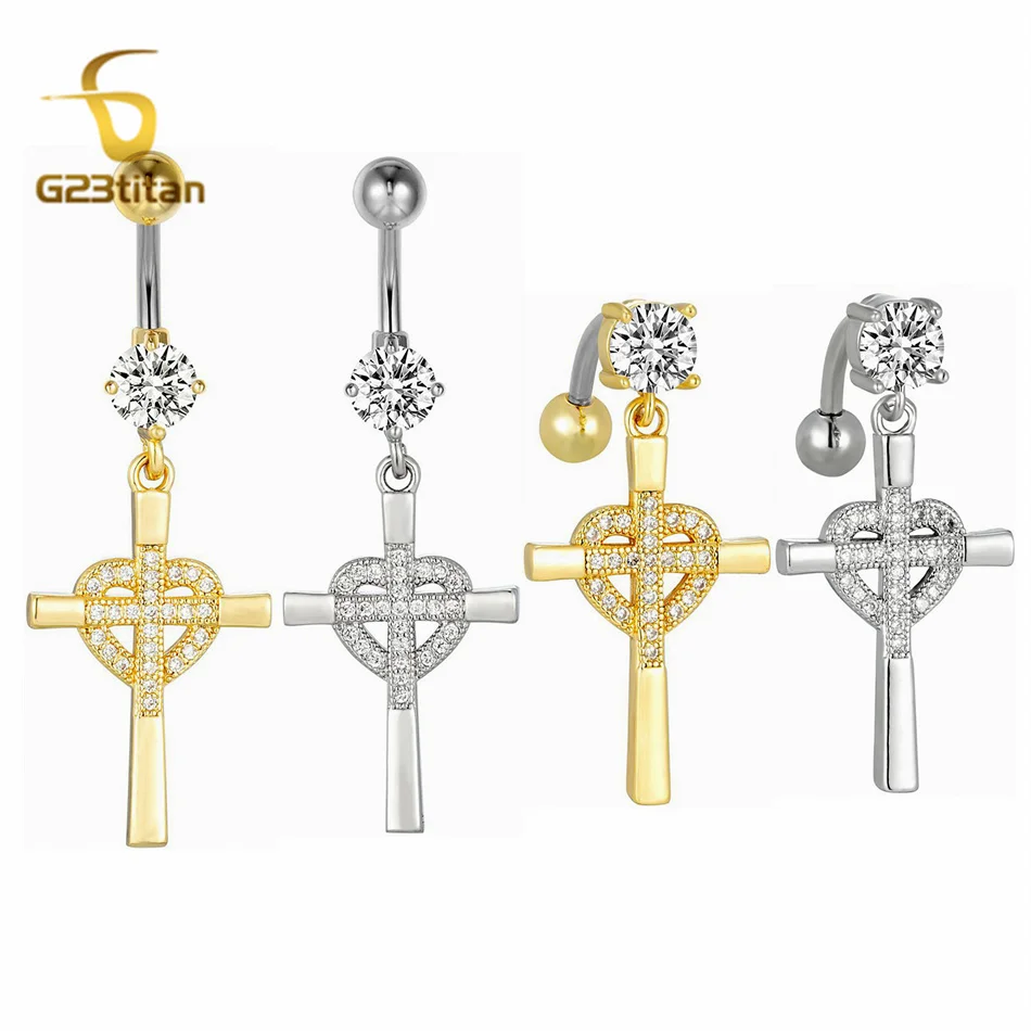 Piercing de Ombligo con Cruz de Corazón de Circonita Cúbica, Barras Invertidas Colgantes, 14G, Titanio G23, Barra Curva, Joyería para Mujer, Accesorios para Chicas