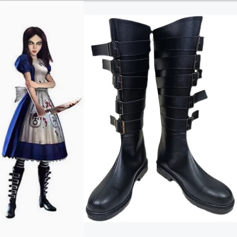 

Alice Madness Returns Обувь для косплея Игра Хэллоуин Рождественская вечеринка Черные ботинки из искусственной кожи