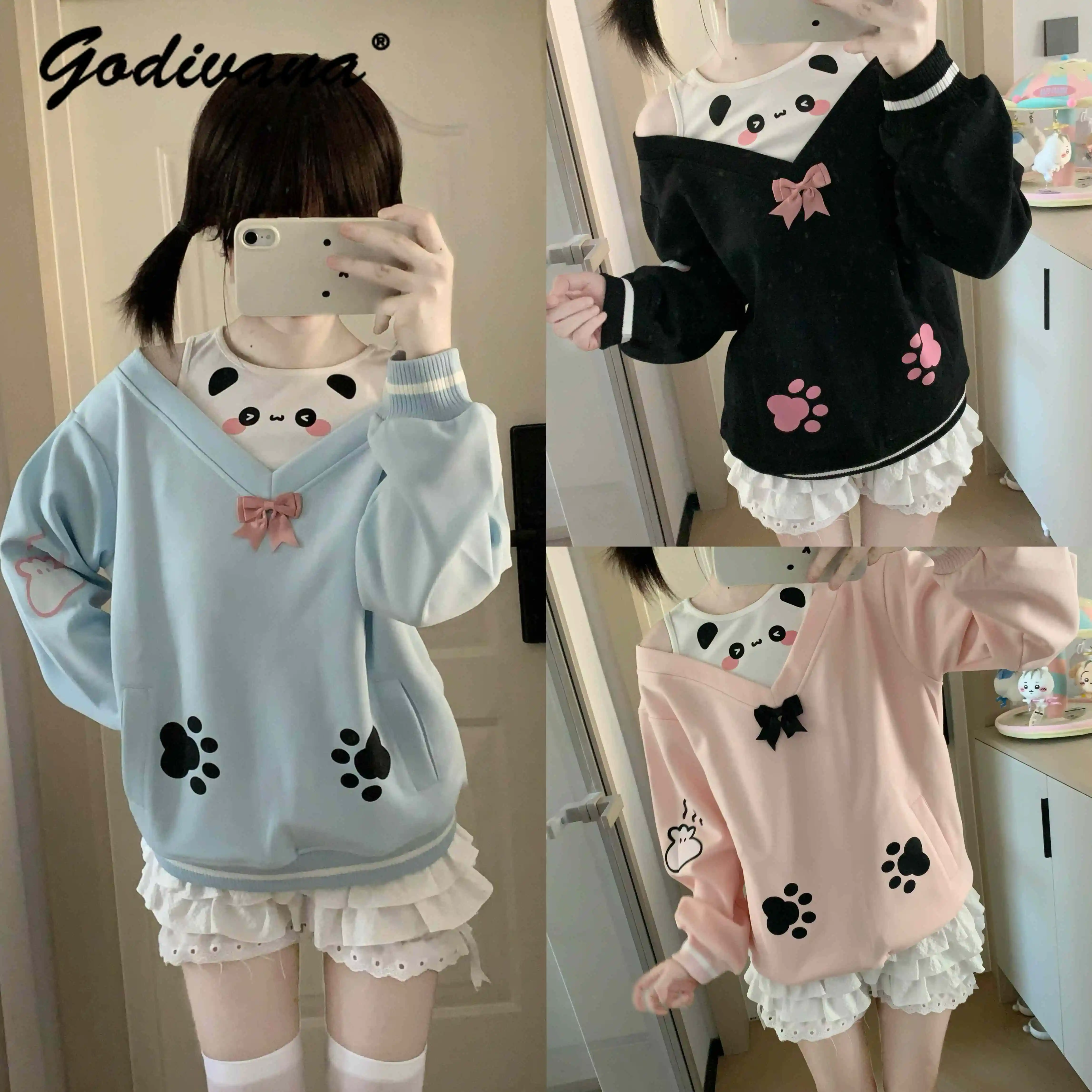 Autumn New Student Daughters Fake Two-Piece Cute Panda Off Shoulder Long Sleeve Sweatshirt Female Casual Pullover Shirts