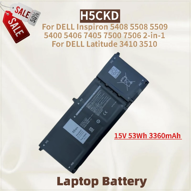

Laptop Battery H5CKD 15V 53Wh 3360mAh For DELL Latitude 3410 3510 and Inspiron 5408 5406 7405 7500 5508 5509 5400 7506 2-in-1