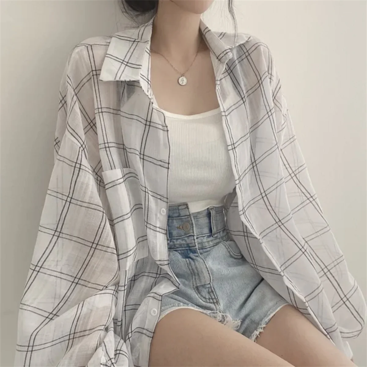 세련된 여름 레저 격자 무늬 긴 소매 태양 보호 코트 빈티지 여성의 느슨한 맞는 캐주얼 얇은 카디건 한국 스타일 복장