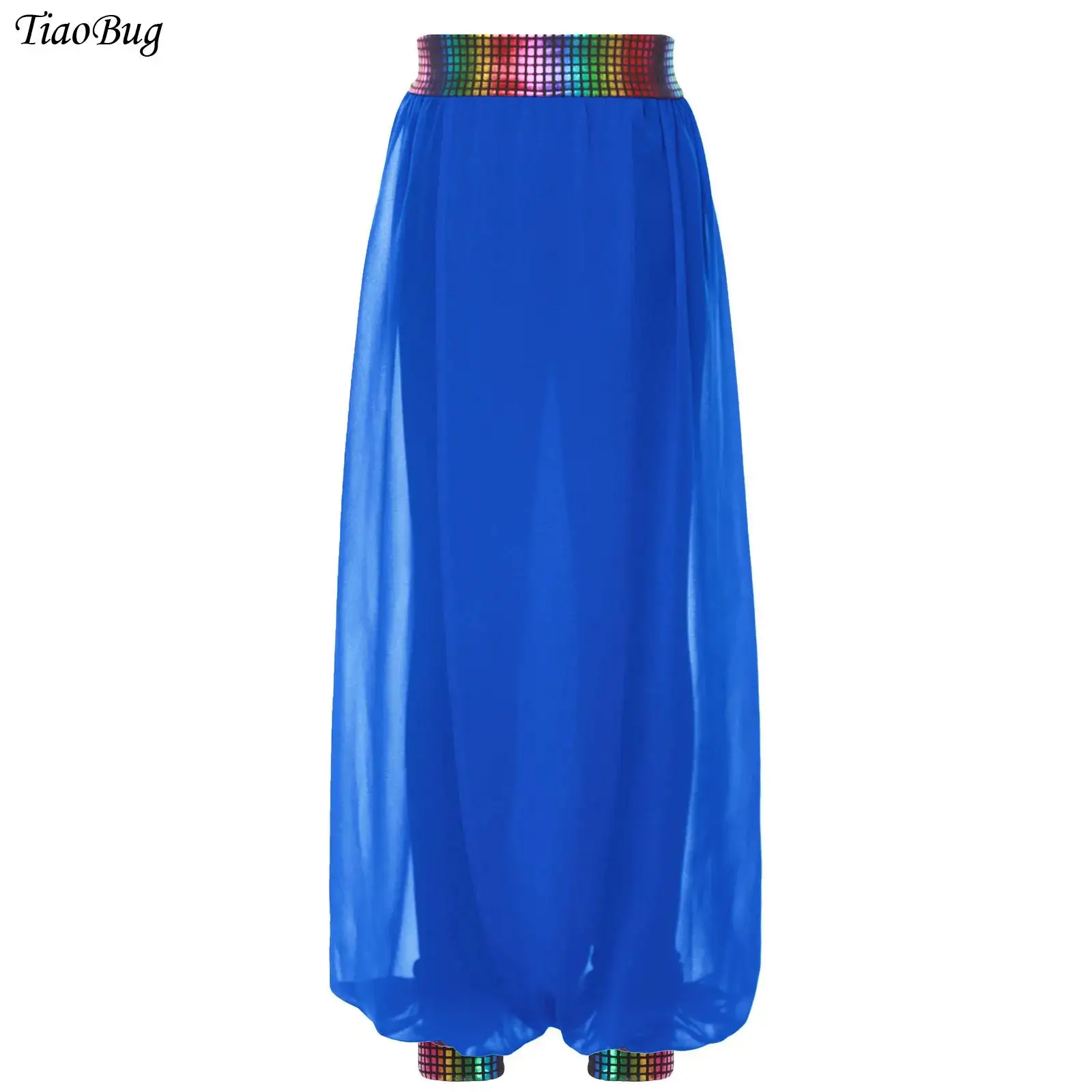 

Kids Girls Belly Dance Pants Metallic Elastic Waistband Patchwork Chiffon Pants for Carnival Jazz Dance Cheerleading Competition