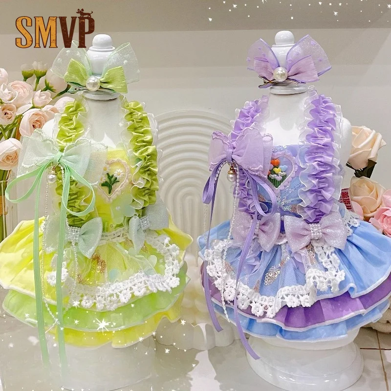 Pet Summer Lolita Tutu Dress Sweet Ruffled Lace Design Bow Ornament Breathable Cotton Layered Puffy Dress Party Clothes for Pets