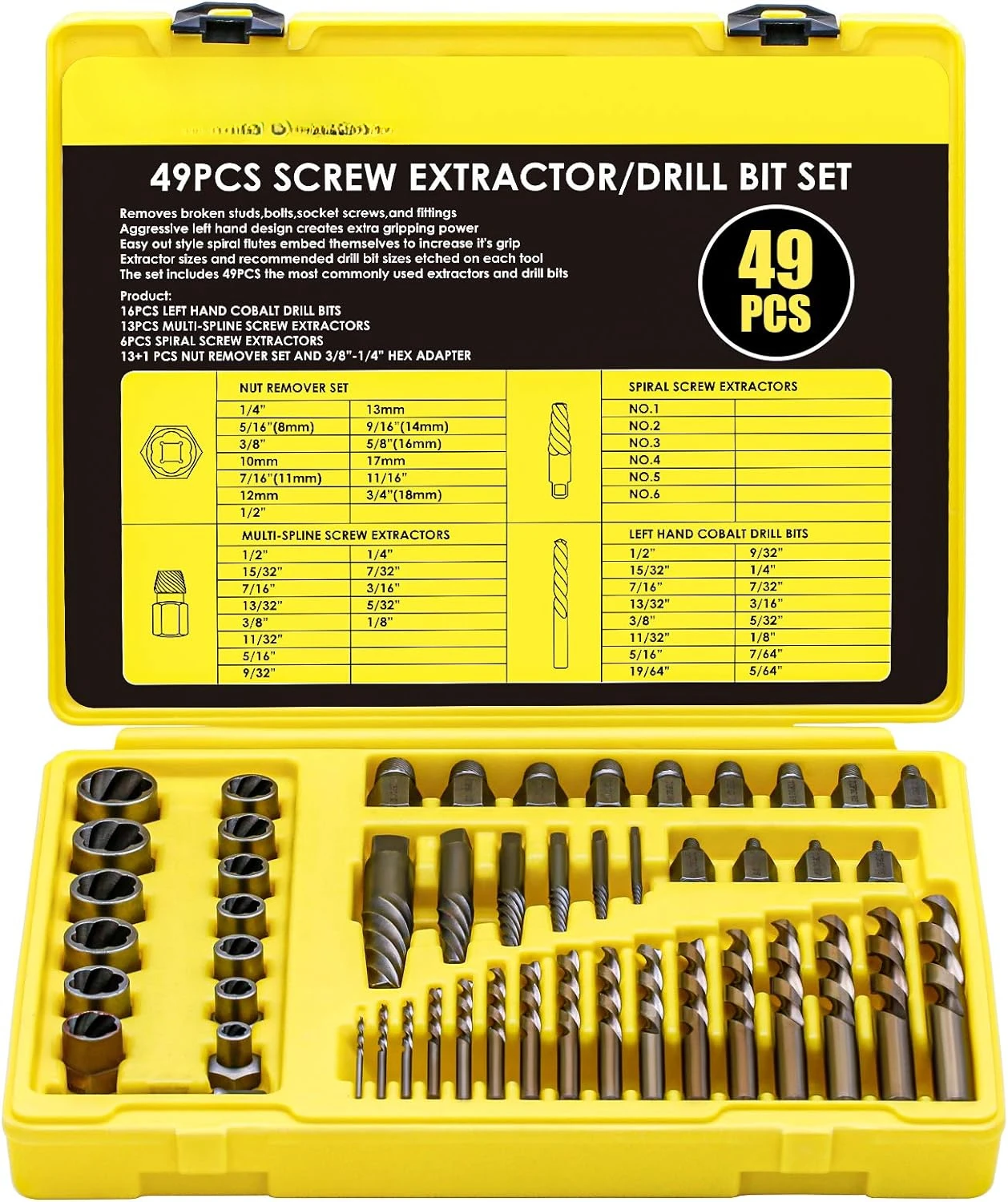 49pcs Screw Extractor/Drill Bit Set, Professional Remove Set for Removing Broken Studs, Bolts, Socket Screws and Fittings