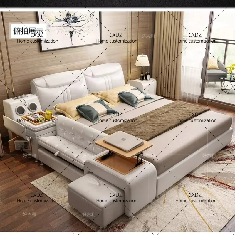 XXBluetooth Leather Bed Massager Usb Charge Electric Storage Bed Luxury Modern  Multifuncional Luxury Bedroom Set Furniture