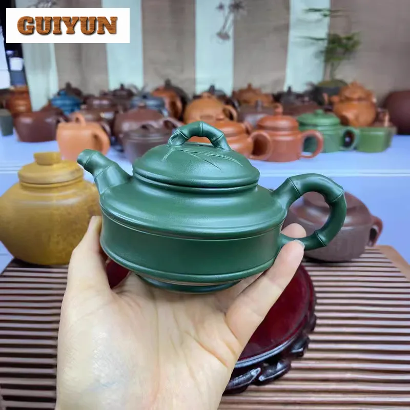 240ml Traditional Yixing Purple Clay Teapots Handmade Double Line Bamboo Drumpot Raw Ore Dark Green Mud Kettle Zisha Teaset Gift