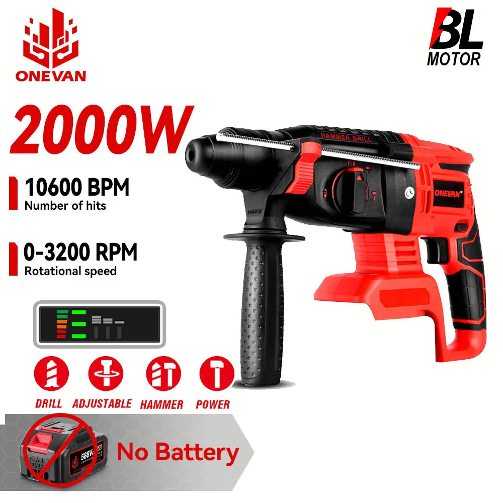 

ONEVAN 2000W Brushless Electric Rotary Hammer Drill 10600BPM Cordless Multifunctional Hammer Impact Drill For Makita Battery Pin