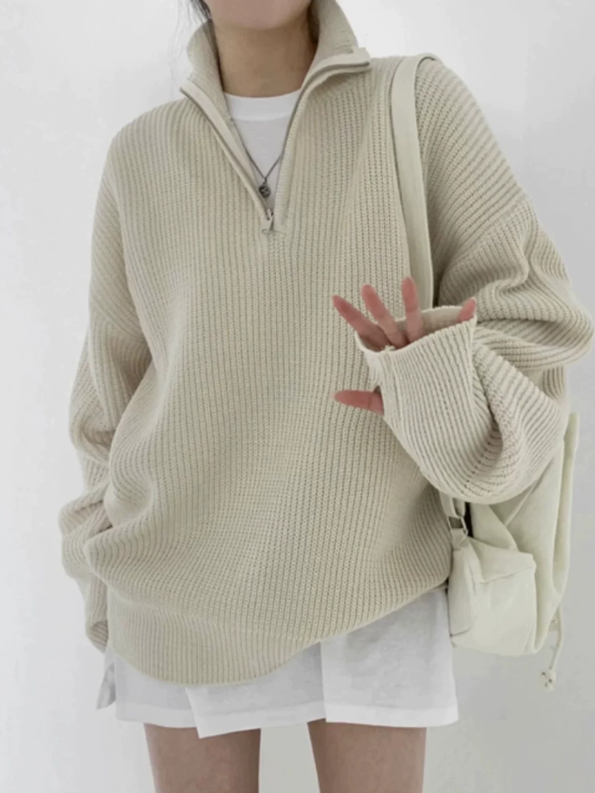 Women Apricot Pullover Sweater Long Sleeve Sweater Korean Loose Thick Zip-Up Oversize Sweater Knit Top for Women Spring Autumn