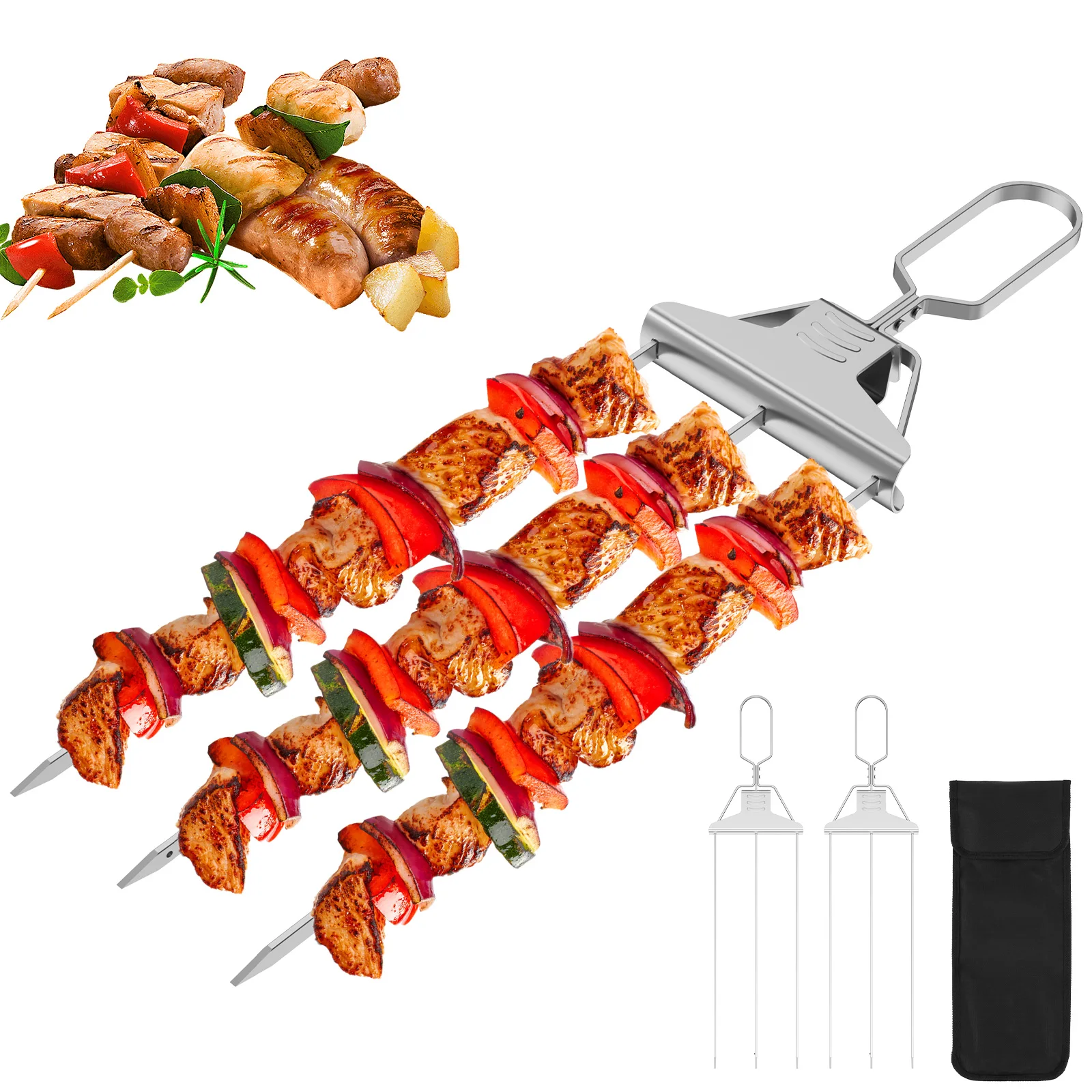 

2Pcs 3-Prong Skewer with Bag Stainless Steel 3 Way Grill Skewers Efficient Skewers with Push Bar Dishwasher BBQ Tool