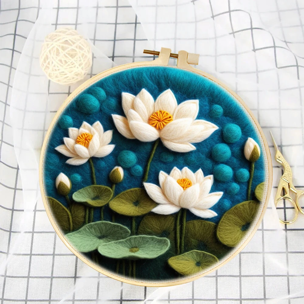 

DIY Wool Felt Painting Embroidery Kit Lotus Flower Wool Needle Felting Kits Beginners Art Craft Painting Gift Home Decor