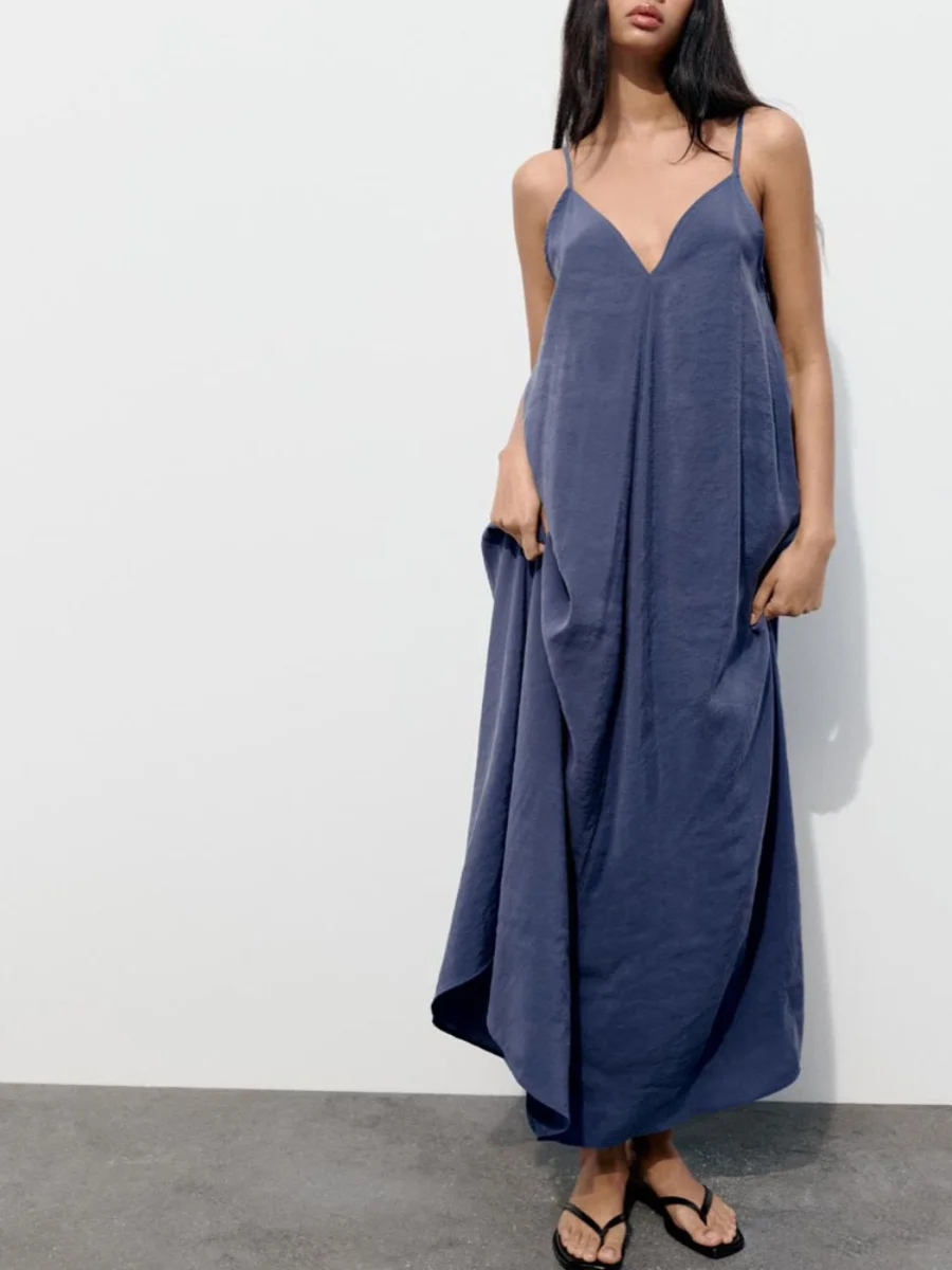 Faionable losse V-Ne lange Dr dames zomer nieuwe collectie jurk Ele gedrapeerde strapl a-lijn jurk voor woon-werkverkeer