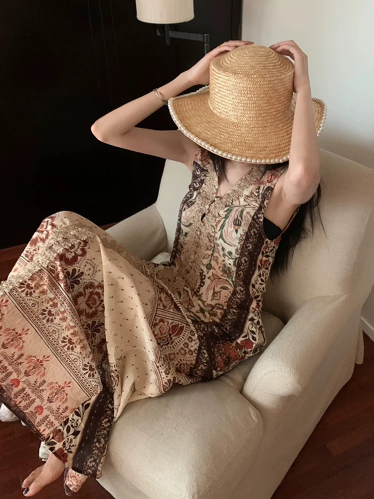 RORIRI خمر طباعة غرزة الخامس الرقبة تانك فستان طويل المرأة الصيف بلا أكمام فضفاضة عادية ألف خط قطعة واحدة بوهو عطلة الملابس